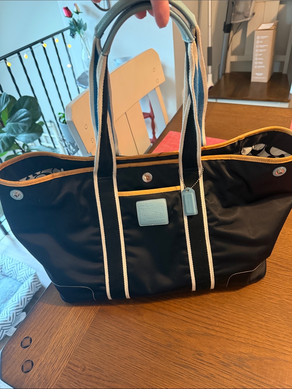 Coach Black Nylon Tote with Light Blue Trim and Yellow Piping
